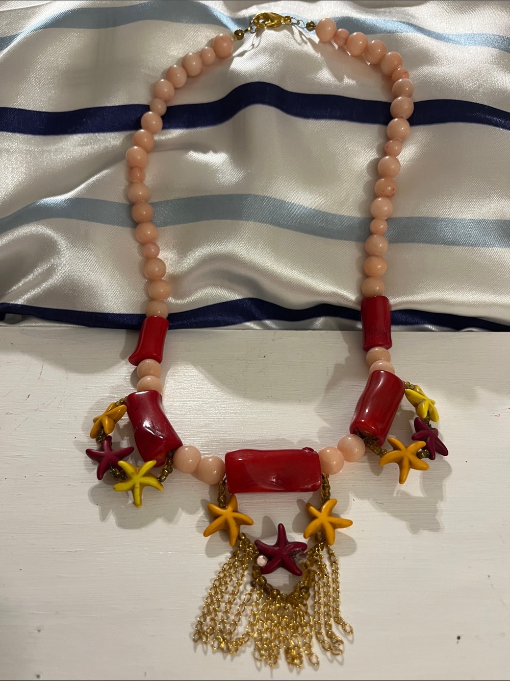 Beaded Faux-Coral & Starfish Statement Necklace - Pink, Red, Yellow